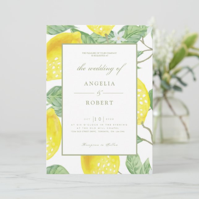 Yellow Green Lemons & Foliage Wedding Invitation (Standing Front)