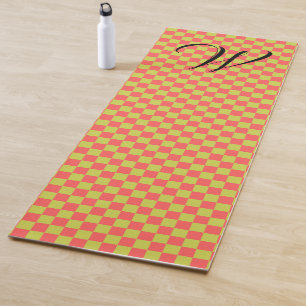 Yellow Green & Light Pink Checkerboard Monogrammed Yoga Mat