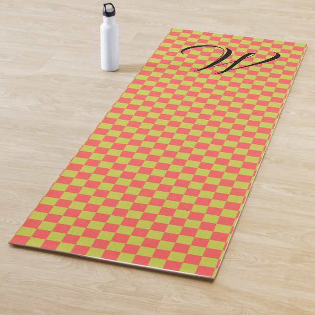 Yellow Green & Light Pink Checkerboard Monogrammed Yoga Mat (In Situ)