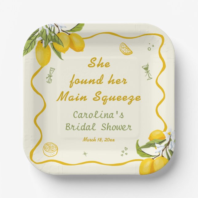 Yellow Green Main Squeeze Bridal Shower Lemon  Paper Plates (Front)