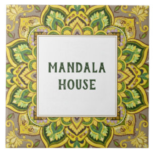 Yellow Green Mandala Custom House Name Sign Plaque Ceramic Tile