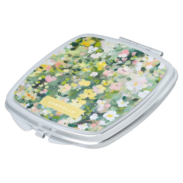 Yellow Green Meadow Flowers Personalized Name Compact Mirror (Turned)