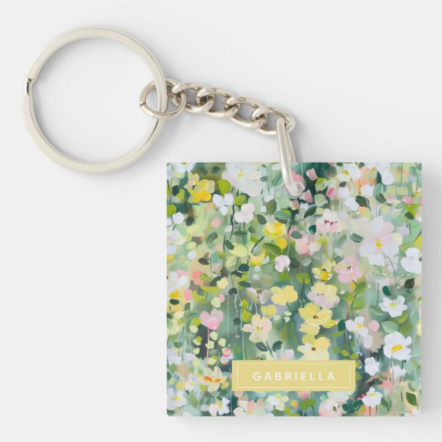 Yellow Green Meadow Flowers Personalized Name Keychain (Front)