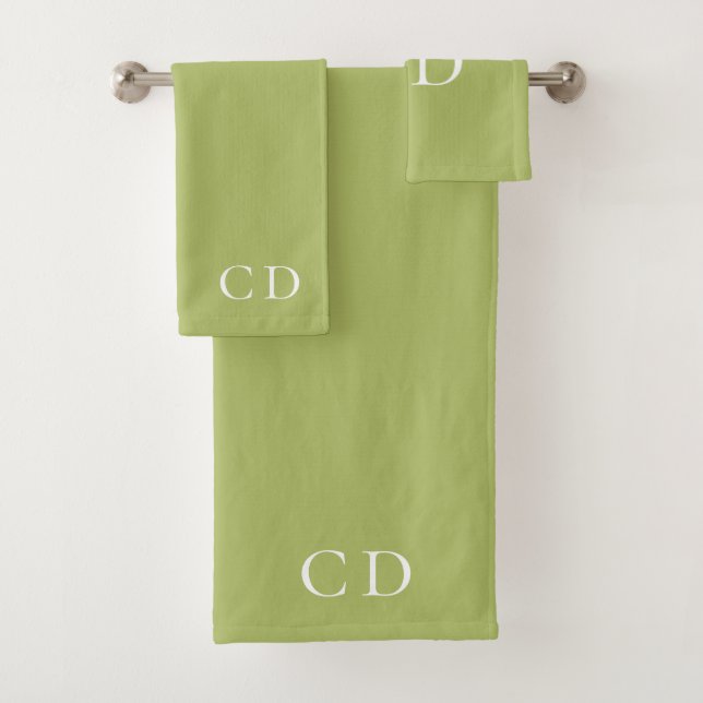 Yellow green monogram initials minimalist bath towel set (Insitu)