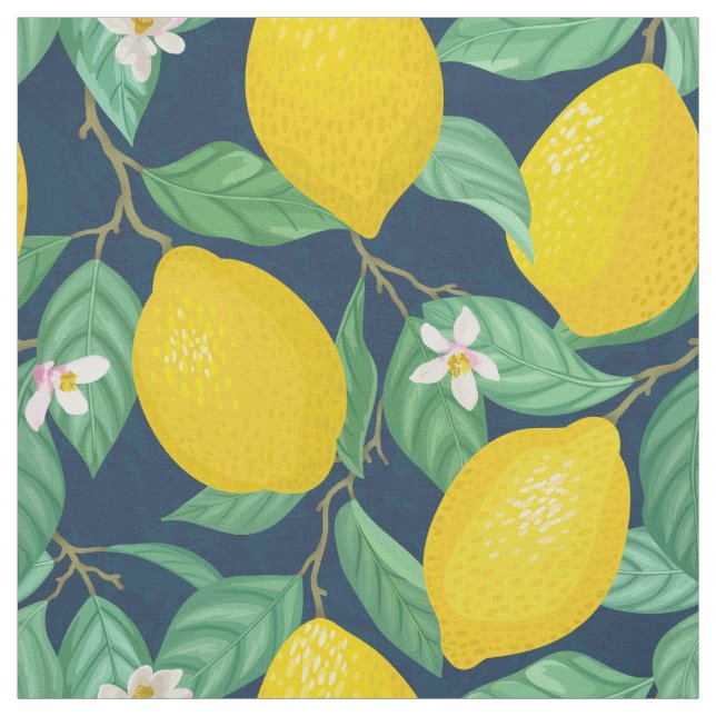 Yellow Green Navy Blue Lemon Pattern Fabric (Swatch)