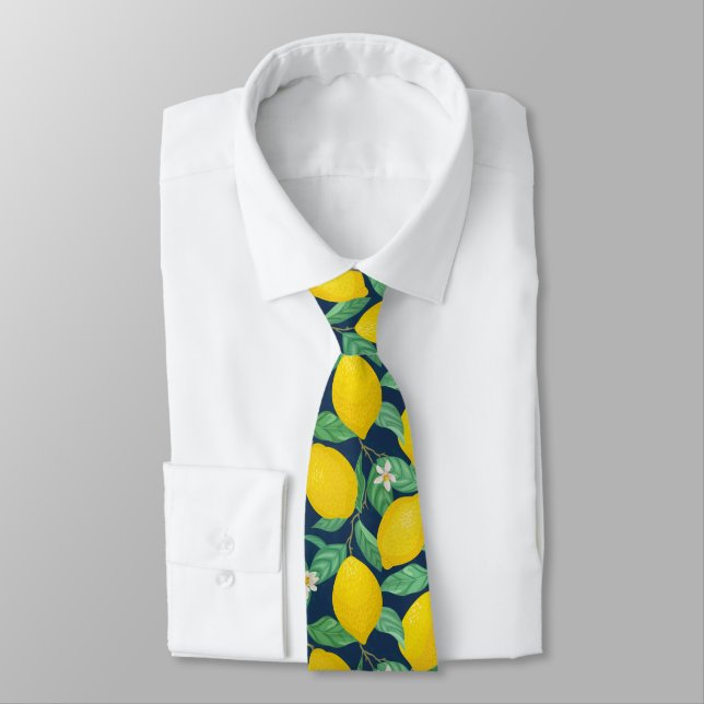 Yellow Green Navy Blue Lemon Pattern  Neck Tie (Tied)