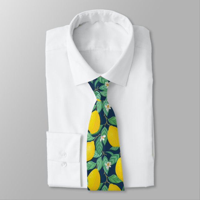 Yellow Green Navy Blue Lemon Pattern Neck Tie (Tied)