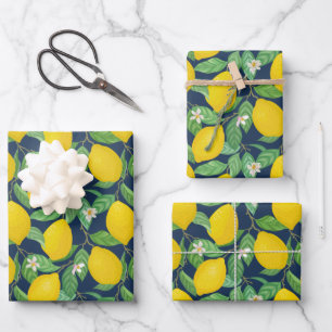 Yellow Green Navy Blue Lemon Pattern Wrapping Paper Sheets