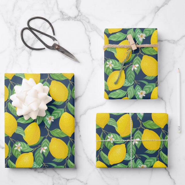 Yellow Green Navy Blue Lemon Pattern  Wrapping Paper Sheets (Front)