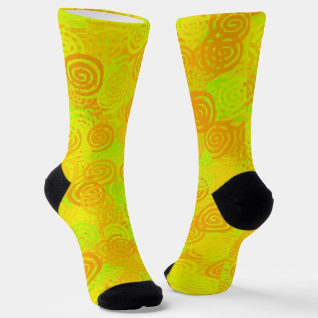 Yellow Green Orange Swirls Pattern Socks (Angled)