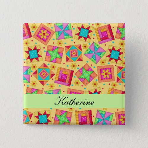 Yellow Green Patchwork Quilt Blocks Name Badge Button