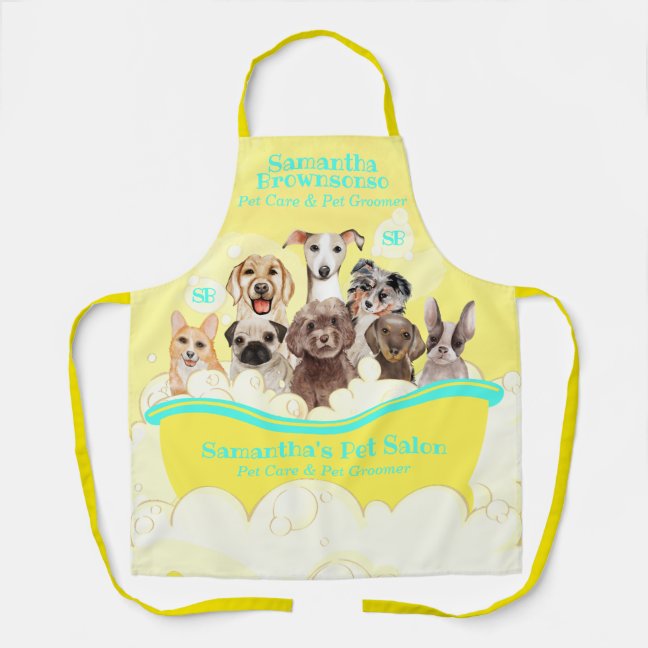 Yellow Green Pet Grooming Bubbles Dogs Bathing Spa Apron