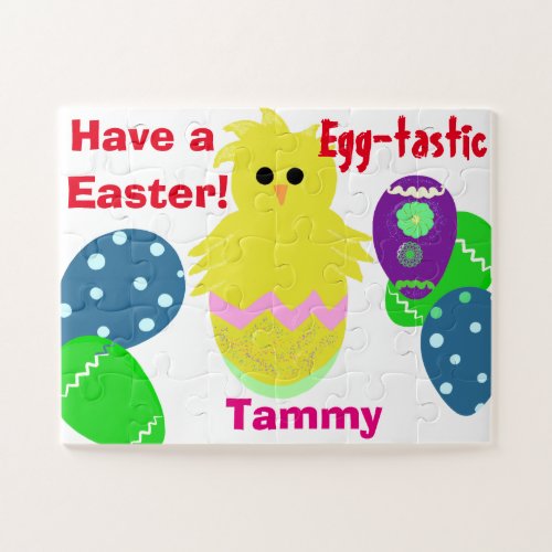 Yellow Green Pink Chick Easter Eggs NAME Jigsaw Puzzle