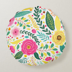Yellow Green & Pink Floral Print Round Pillow