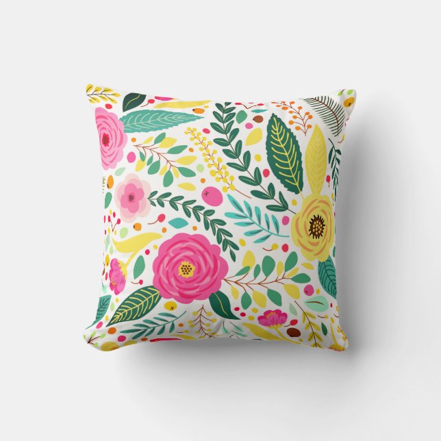 Yellow Green & Pink Floral Print Throw Pillow (Front)