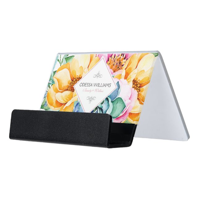 Yellow, Green & Pink Flowers Design Desk Business Card Holder (Angled Front)