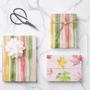 Yellow Green Pink Orange Stripes Leaves Birthday Wrapping Paper Sheets