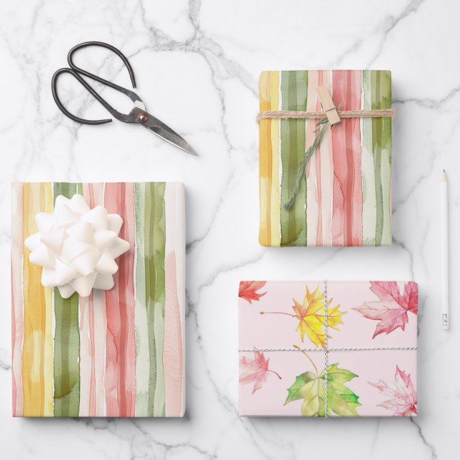 Yellow Green Pink Orange Stripes Leaves Birthday Wrapping Paper Sheets (Front)