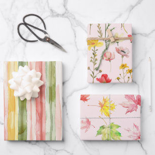 Yellow Green Pink Stripes Leaves Floral Birthday Wrapping Paper Sheets