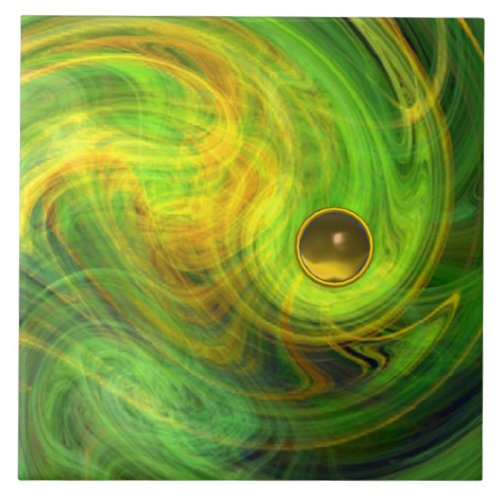 YELLOW GREEN PSYCHEDELIC LIGHT VORTEX AND GEMSTONE CERAMIC TILE