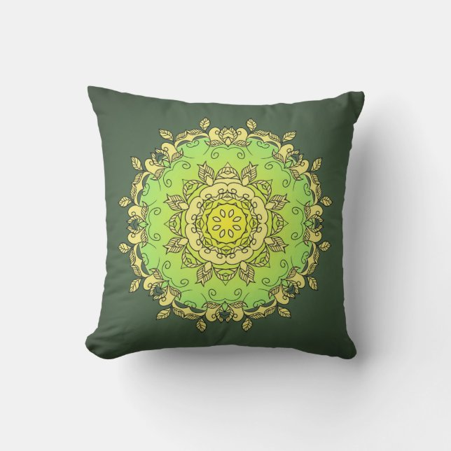 Yellow Green Psychedelic Mandala Throw Pillow (Front)