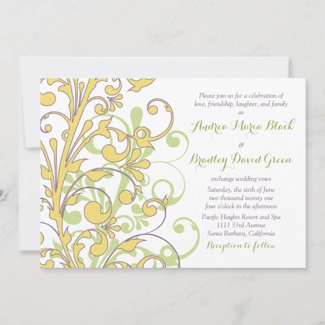 Yellow Green Purple Abstract Floral Wedding Invitation (Front)