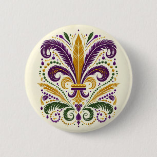 Yellow, green purple fleur de lis feathers button