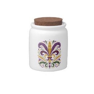 Yellow, green purple fleur de lis feathers candy jar