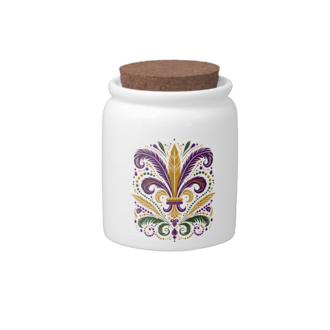 Yellow, green purple fleur de lis feathers candy jar (Front)