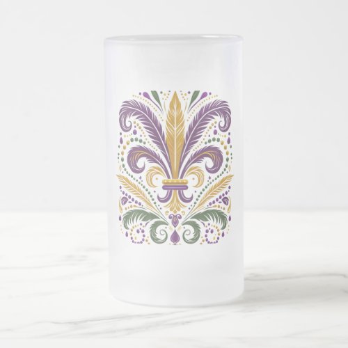Yellow green purple fleur de lis feathers frosted glass beer mug