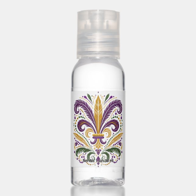 Yellow, green purple fleur de lis feathers hand sanitizer (Front)