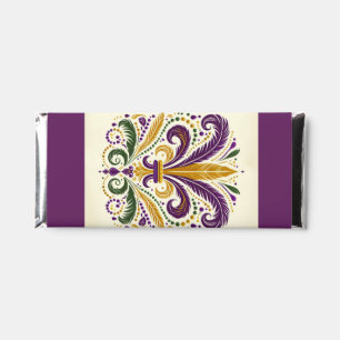 Yellow, green purple fleur de lis feathers hershey bar favors