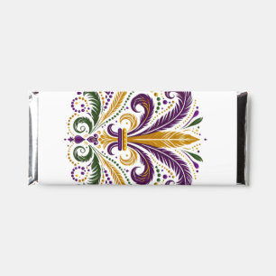 Yellow, green purple fleur de lis feathers hershey bar favors