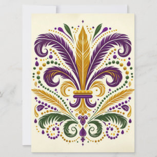 Yellow, green purple fleur de lis feathers holiday card