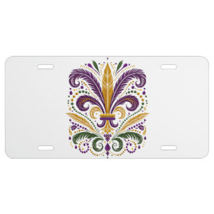 Yellow, green purple fleur de lis feathers license plate