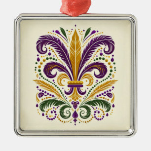 Yellow, green purple fleur de lis feathers metal ornament