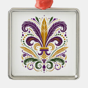Yellow, green purple fleur de lis feathers metal ornament