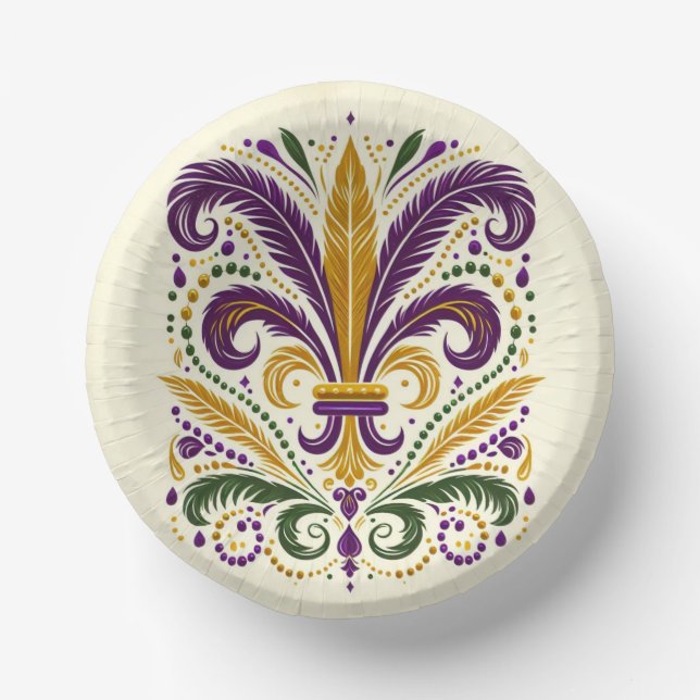 Yellow, green purple fleur de lis feathers paper bowls (Front)