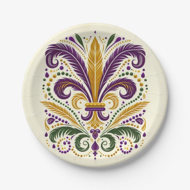 Yellow, green purple fleur de lis feathers paper plates (Front)