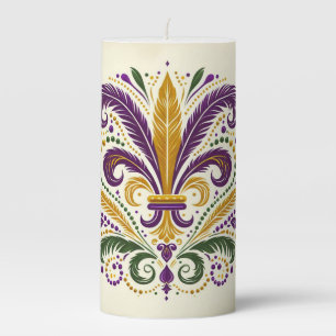 Yellow, green purple fleur de lis feathers pillar candle