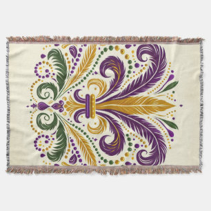 Yellow, green purple fleur de lis feathers throw blanket