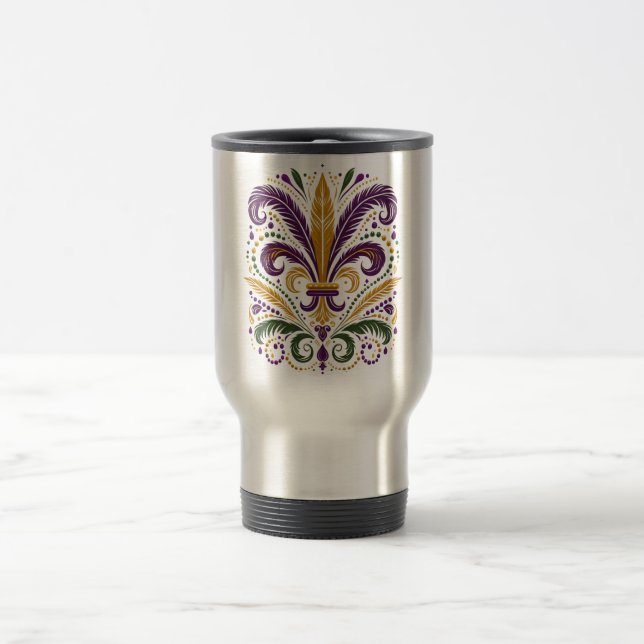 Yellow, green purple fleur de lis feathers travel mug (Center)