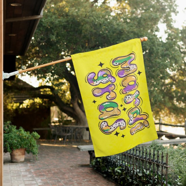 Yellow Green Purple Mardi Gras House Flag (In SItu)
