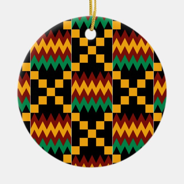 Yellow, Green, Red, Black Kente Cloth Ceramic Ornament (Front)