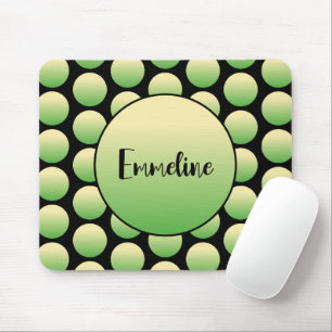 Yellow Green Retro Dots on Black with Script Name Mouse Pad