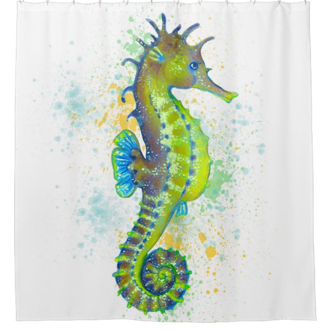 Yellow Green Seahorse splash Shower Curtain (Front)