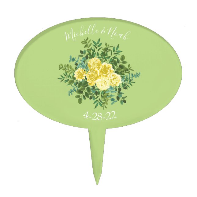 Yellow & Green Spring Rose Vintage Wedding Cake Topper (Front)