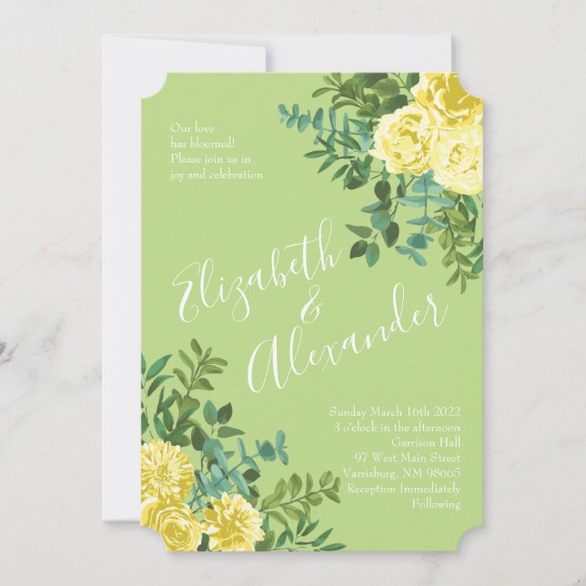 Yellow & Green Spring Rose Vintage Wedding Invitation (Front)