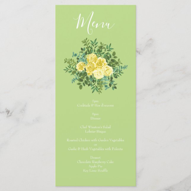 Yellow & Green Spring Rose Vintage Wedding Menu (Front)