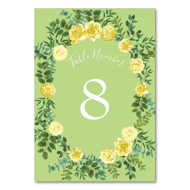 Yellow & Green Spring Rose Vintage Wedding Table Number (Back)